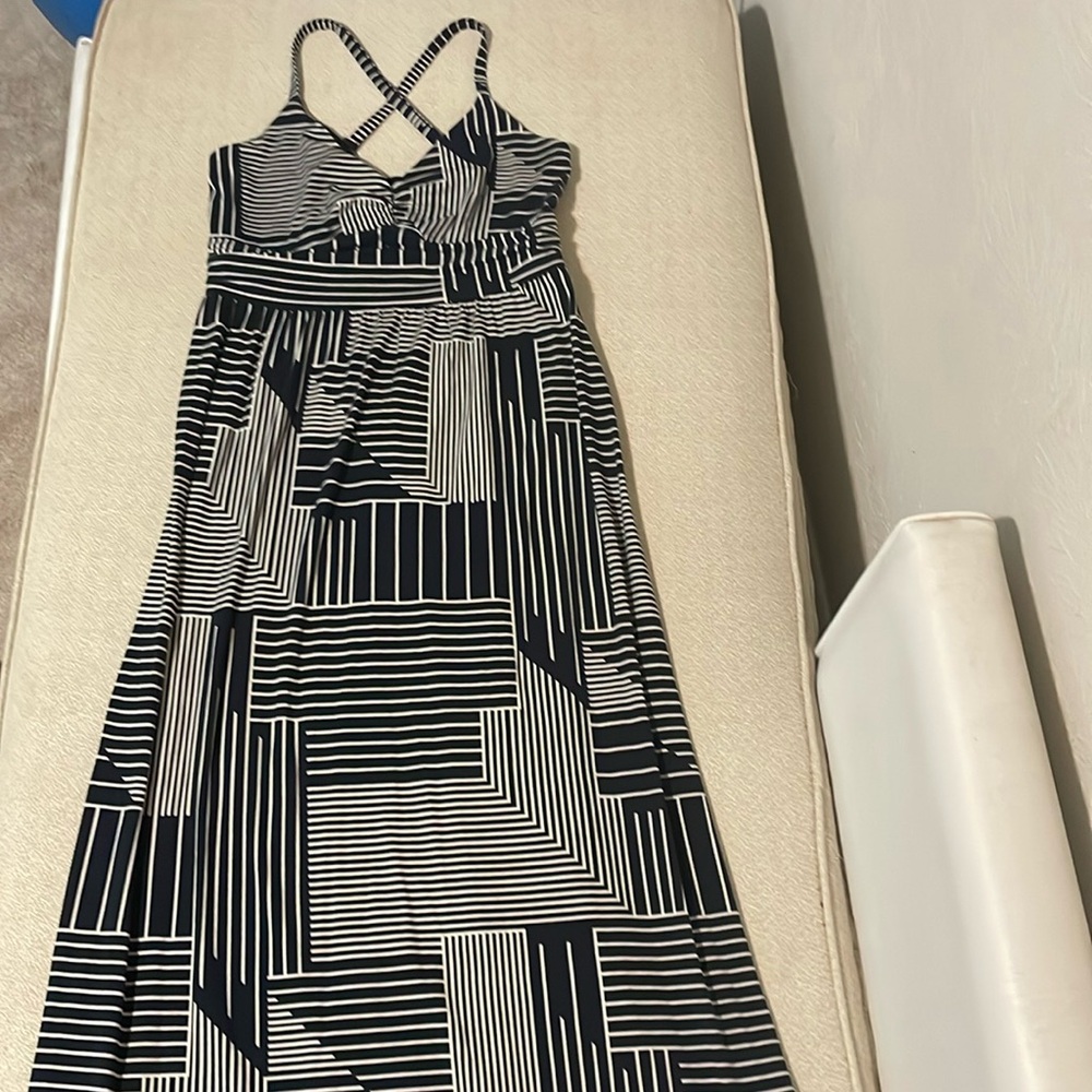 Loft maxi dress. Navy/white geo print with cross spaghetti strap back. Size S.